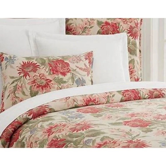 Pottery Barn Marla Duvet King Linen Blend Red Floral Roses Peony Iris Pink - Picture 2 of 16